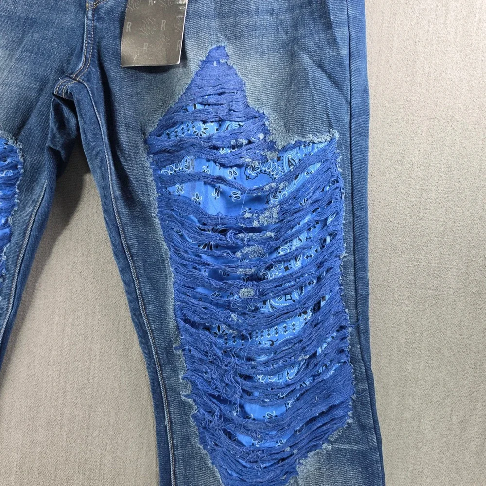 Rutherford Distressed Jeans Men 38 Blue Paisley Bandana Patch Streetwear Denim